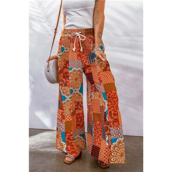 Full Size Drawstring Printed Wide Leg Pants - Picture 6 of 15